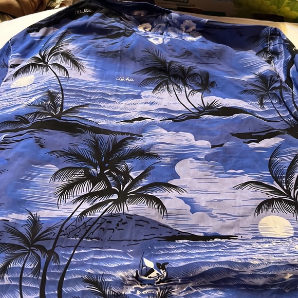 Vintage Han Ton blue palm trees aloha Hawaiian button camp shirt flowers XXL/2XL - Picture 13 of 13